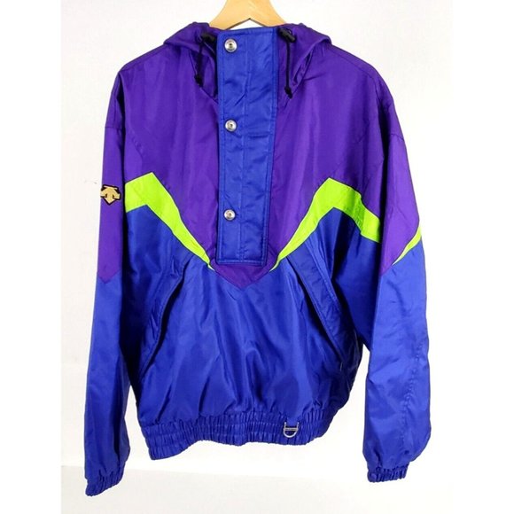 90s Descente Size XL Half Zip Hooded Pullover Ski Jacket Parka Shell Purple Blue - Picture 1 of 13